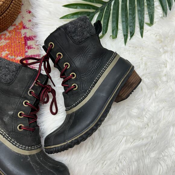 Sorel Black Lace Leather Slimpack II Waterproof Duck Boot Bootie Winter 8 Snow - Picture 3 of 9